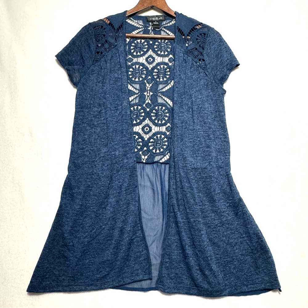 August Silk Navy Crochet Lace Open-Front Top Cardigan Size M